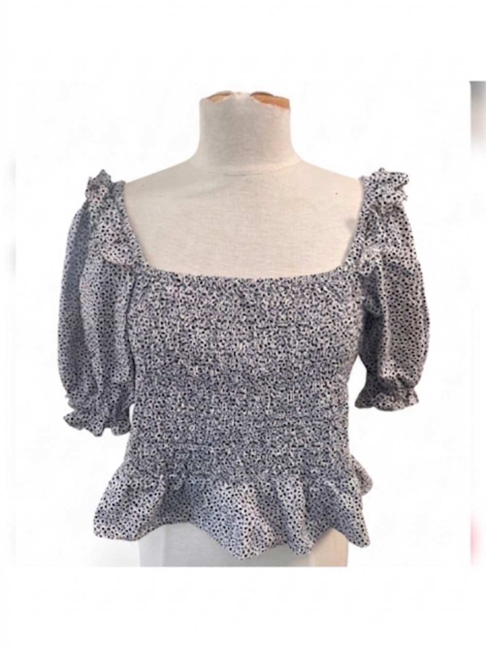 Topshop Blue Floral Smocked Puff Sleeve Blouse Ruffle Neck US 10